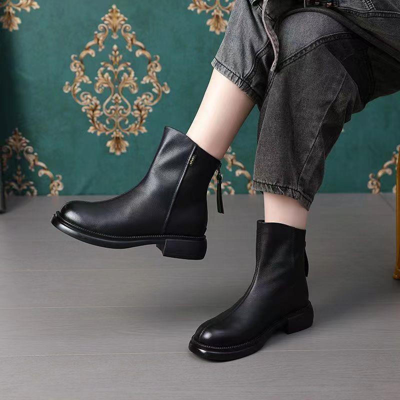 Retro Low-heat Fleece-lined Round-toe Waterproof Ankle Boots