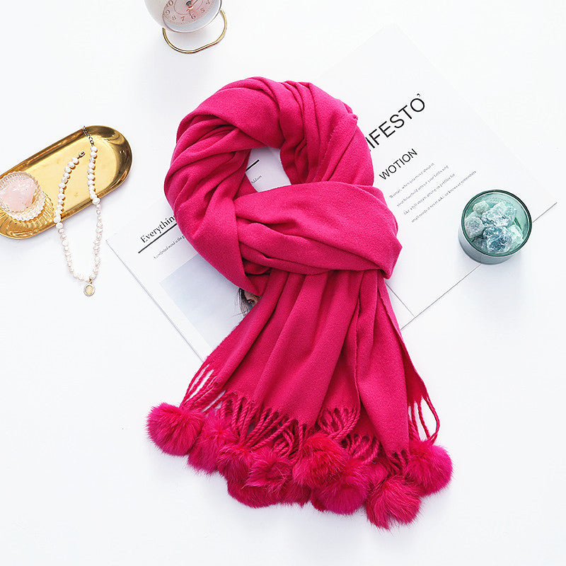 Versatile New-Style Womens Cape With Pompoms Cashmere And Wool Scarf