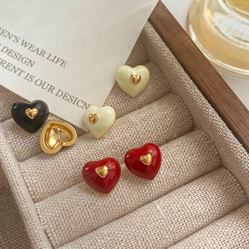 Vintage Red New Year Heart Silver Needle Earrings