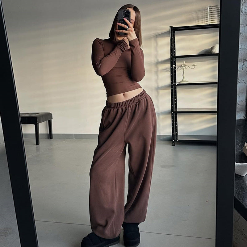 Women's Solid Color Round Neck Slim Fit Long Sleeve T-shirt High Waist Loose Sweatpants Set