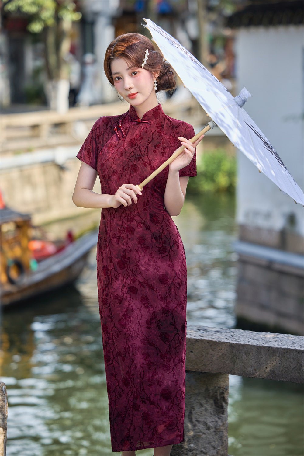 Wearable Flocking Red Small Flower Mid-length Cheongsam Women's Short Sleeve Retro