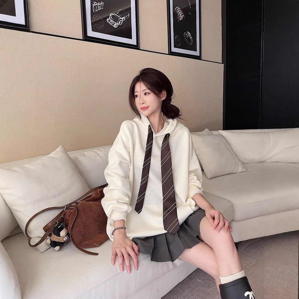 Loose Casual Women's Hooded Tie Sweatshirt