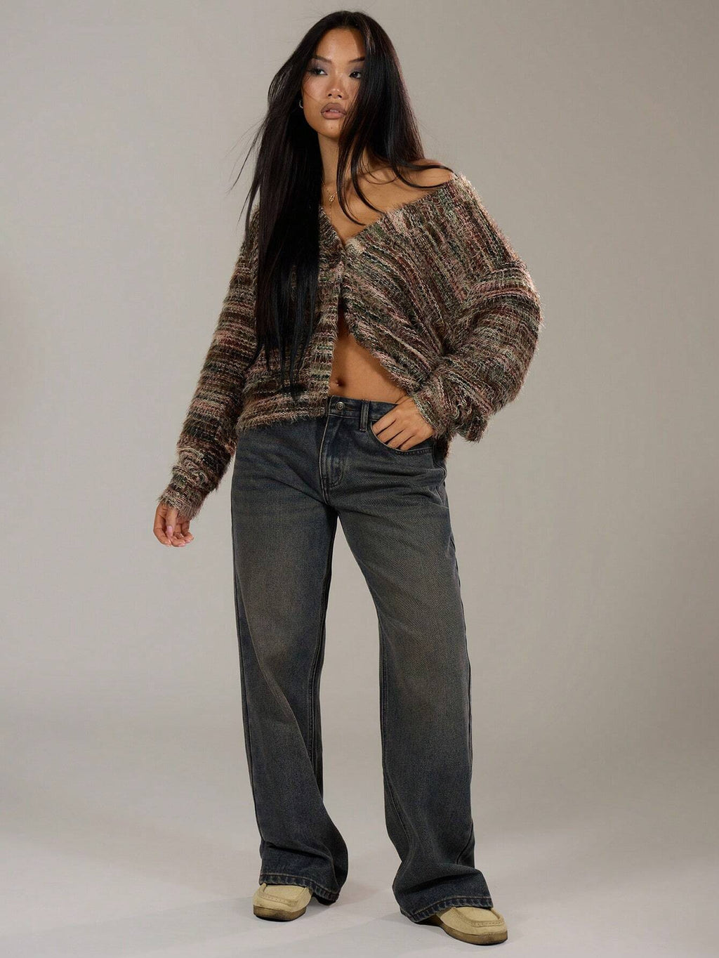 Winter Stripe Knitted Sweater Ins Button Cardigan Long Sleeved V-neck Cropped Tops For Women