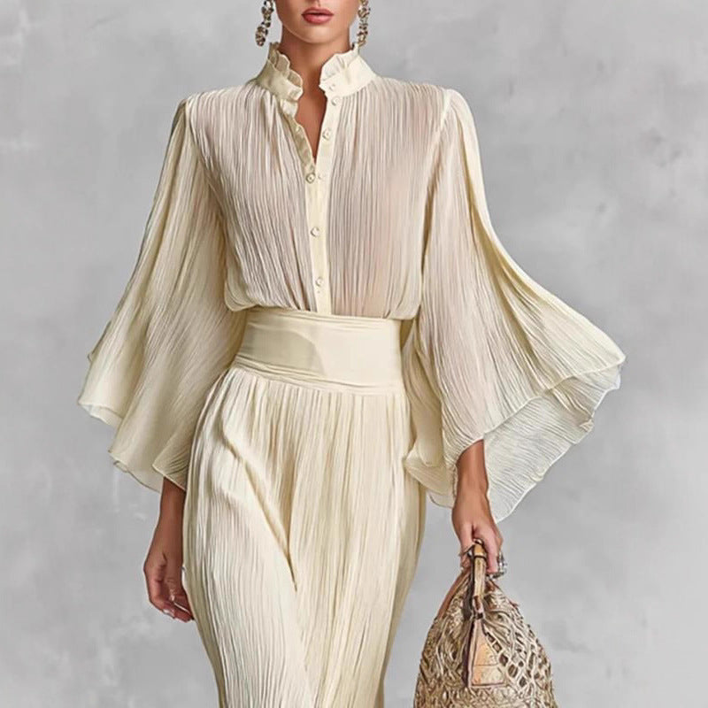 Pleated Wide-sleeve Shirt And Maxi Skirt Two-piece Women's Set