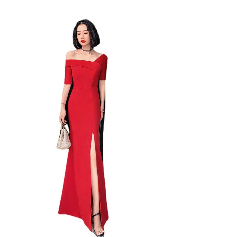 Simple And Elegant One-shoulder Short-sleeve Queen Dress