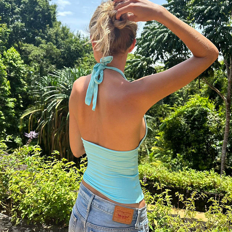 Solid Color And V-neck Halter Sleeveless Exposed Back Slim Fit Slim And Sexy Vest