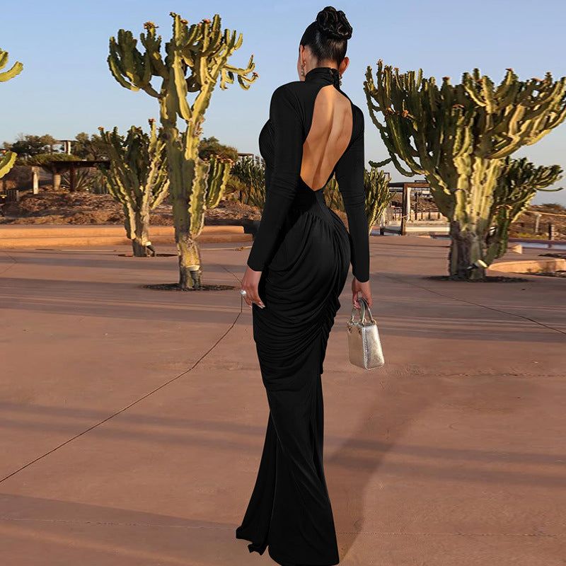 Women's Solid Color High Neck Long Sleeve Ruffle Back Bodycon Dress