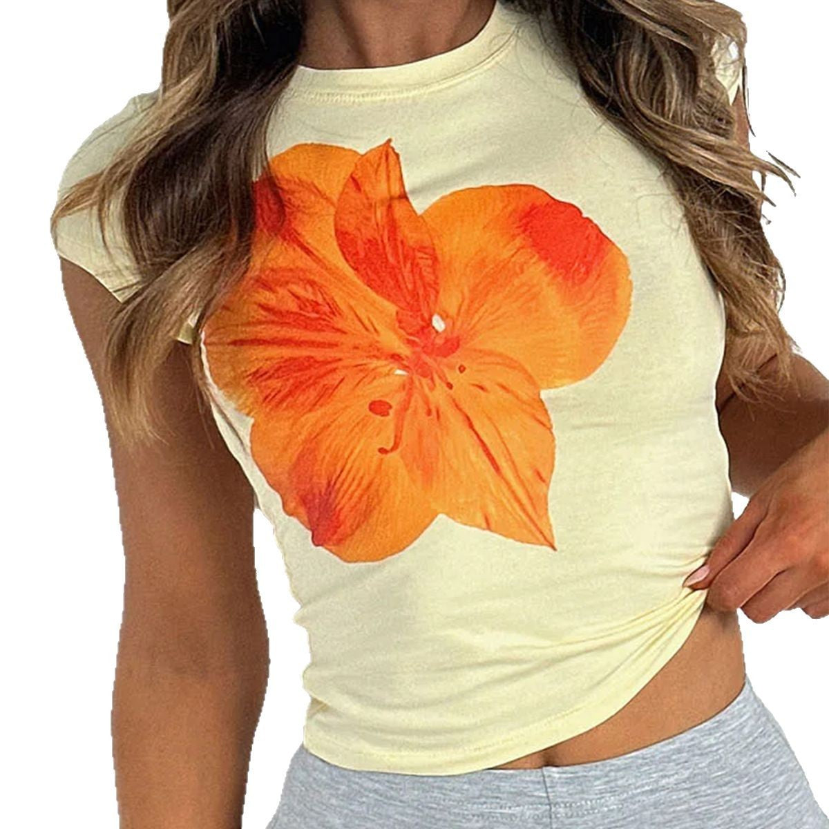 Polyester Women's Casual Slim-fit Waist Flower Printed Short-sleeved T-shirt