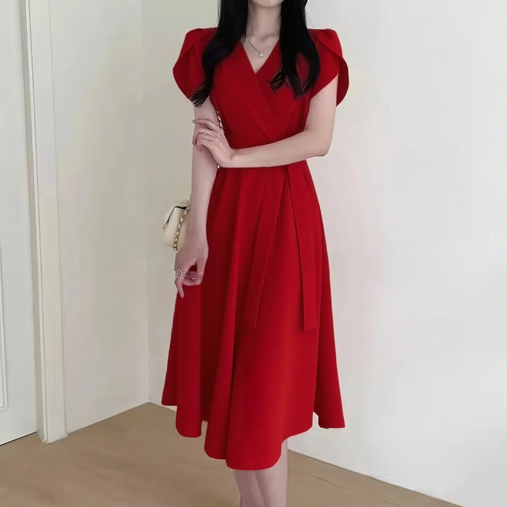 Women's Solid-Color French-Style Cross-Neckline Lace-Up Bud Dress