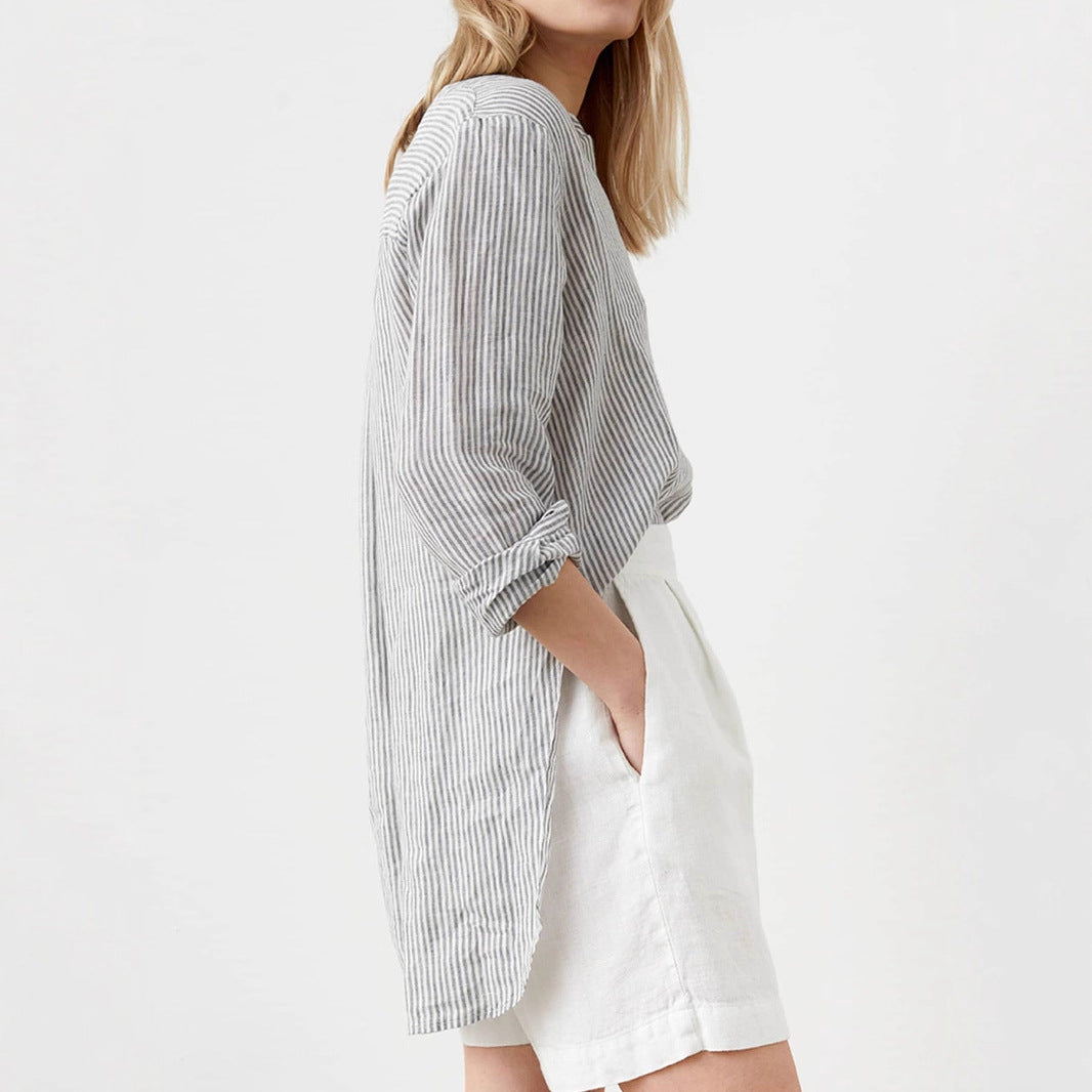 Women's Long Sleeve Stand-up Collar Striped Shirt