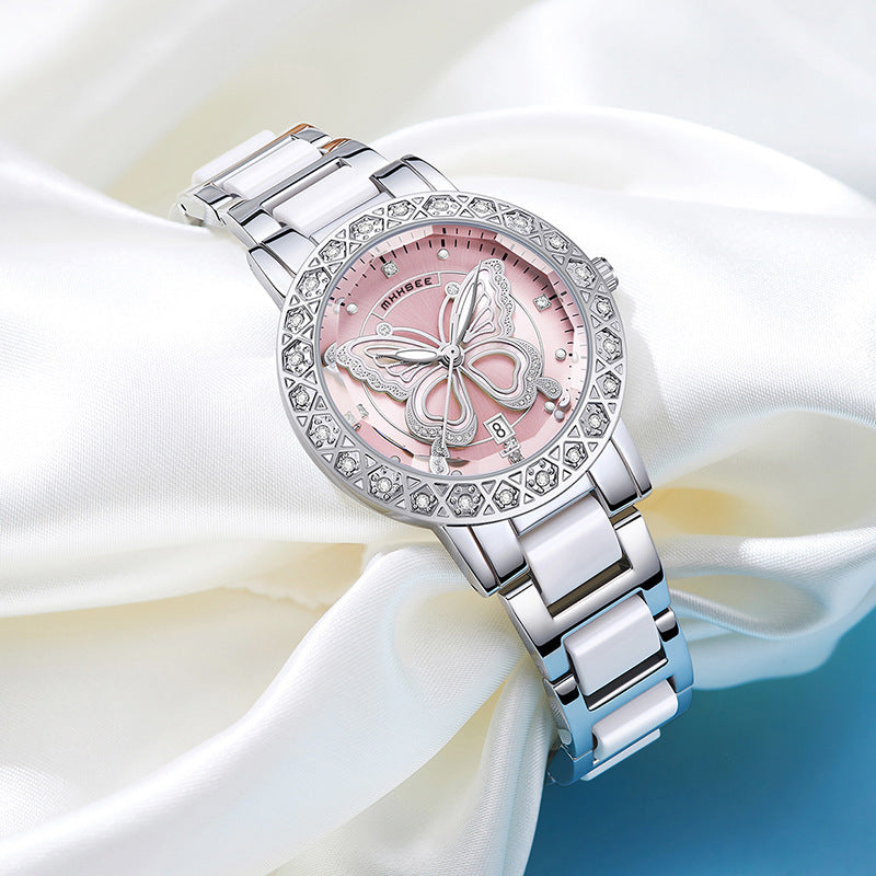 Butterfly Diamond-encrusted Luxury Women's Watch With Calendar And Steel Strap