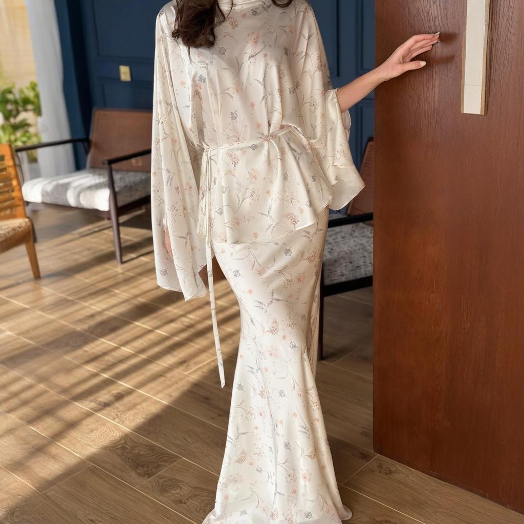 Batwing-sleeve Elegant Belted Top And Floral Skirt Set For Women