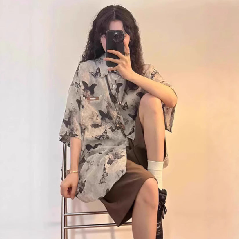 Women's Ink Painting Full Printed Butterfly Short Sleeve Shirt