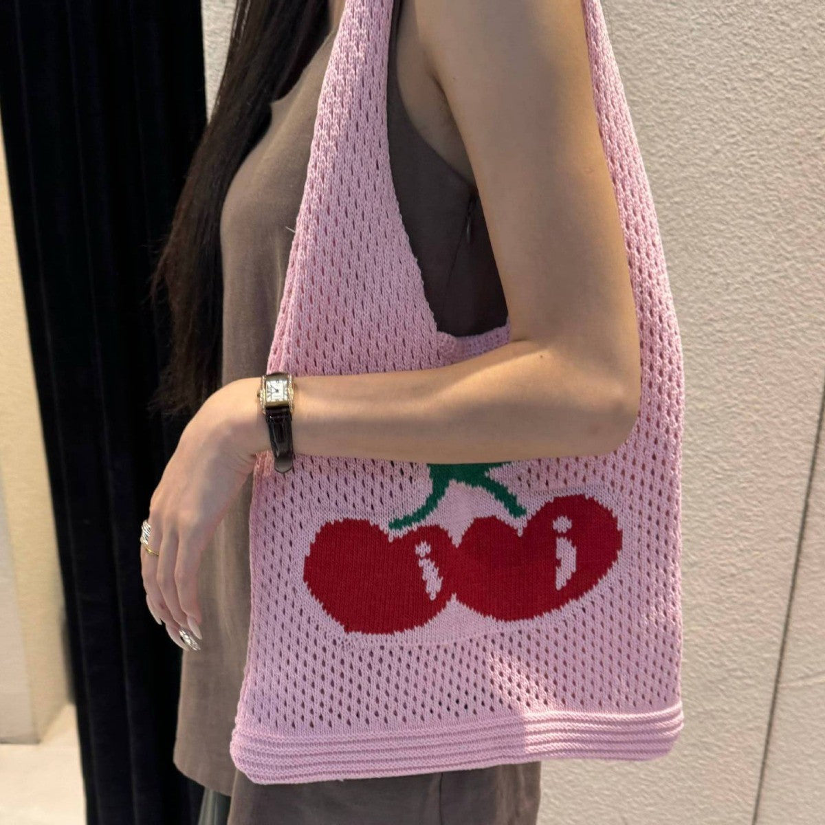 Large Capacity Totes Cherry Embroidered Handbag Knitted Hollow