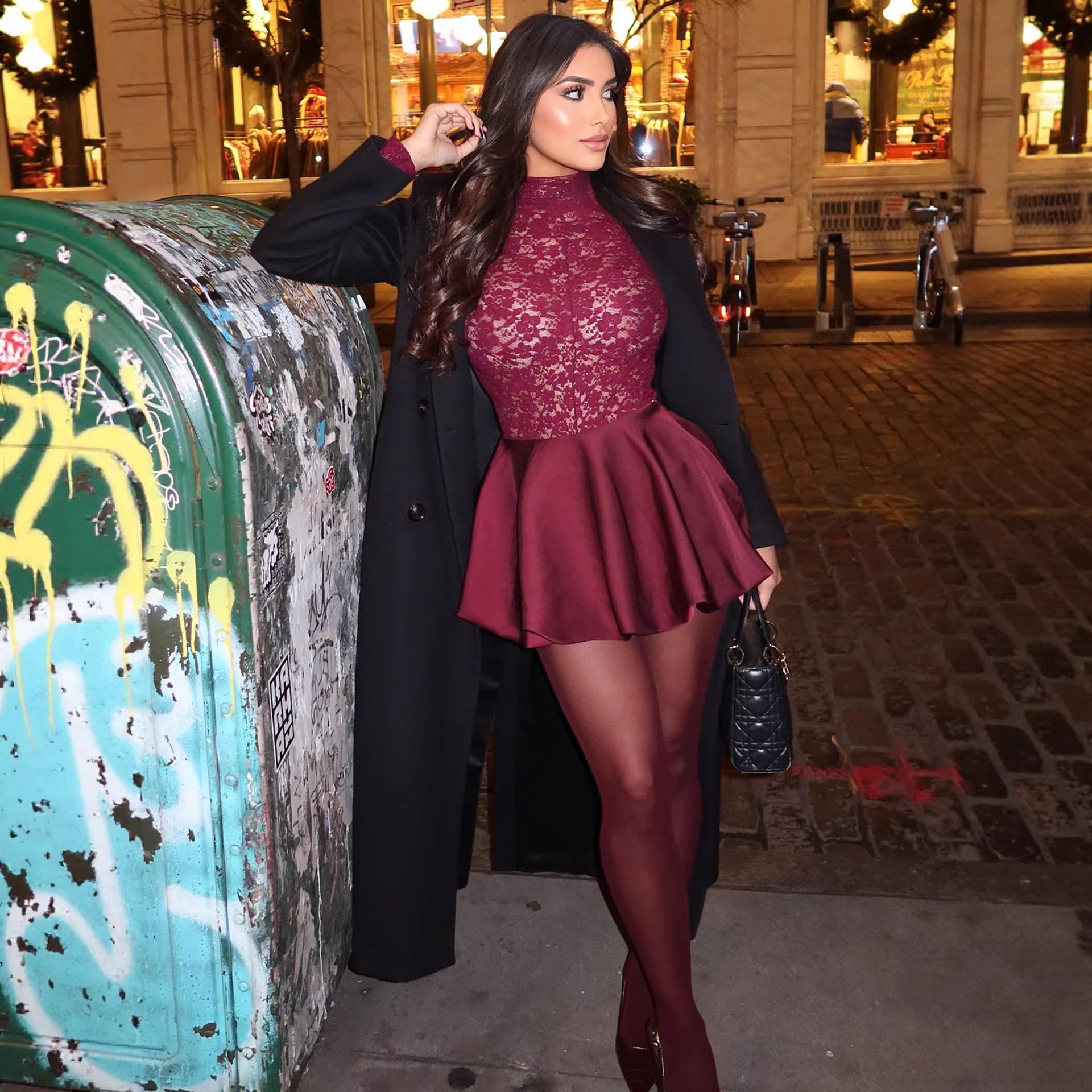 Lace Stitching Round-neck Long-sleeved Dress