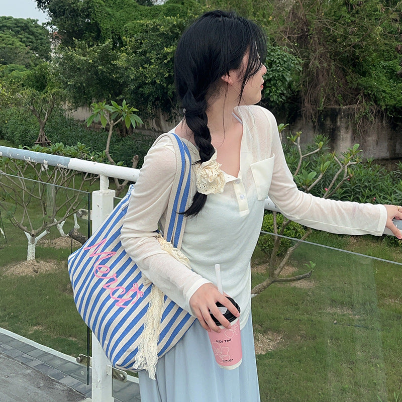 Blue Striped Letters Printed All-matching Canvas Bag