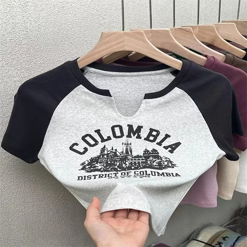 Shoulder Slimming Letters Short-sleeved T-shirt Women's Color Matching Casual Print Top