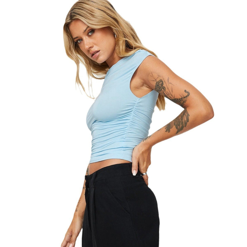 Sexy Oblique Collar Pleated Slim-fitting Sleeveless Irregular Top