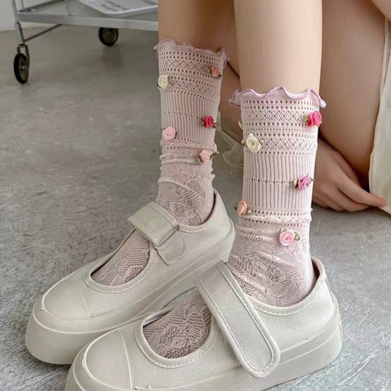 Spring And Summer Thin Rose Lace Tube Socks Women