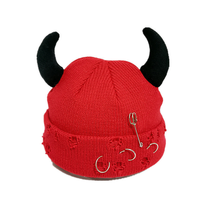 Knitted Wool Hat With Hole-decorated Gourd-shaped Devil-ear Pins