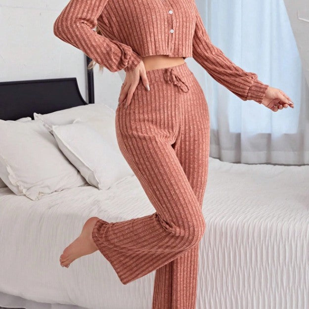 Casual Button Long Sleeve Pants Women's Pajama Set
