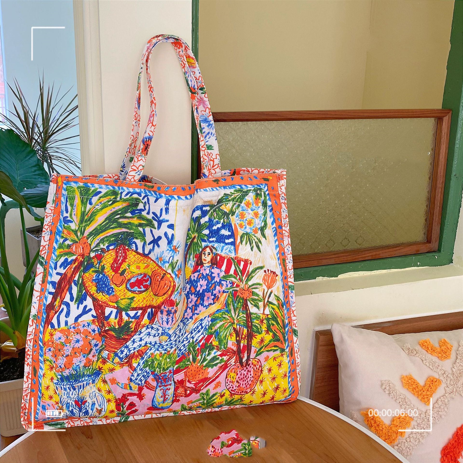 Double Sided Printed Canvas Bag Commuter Large Capacity Shoulder