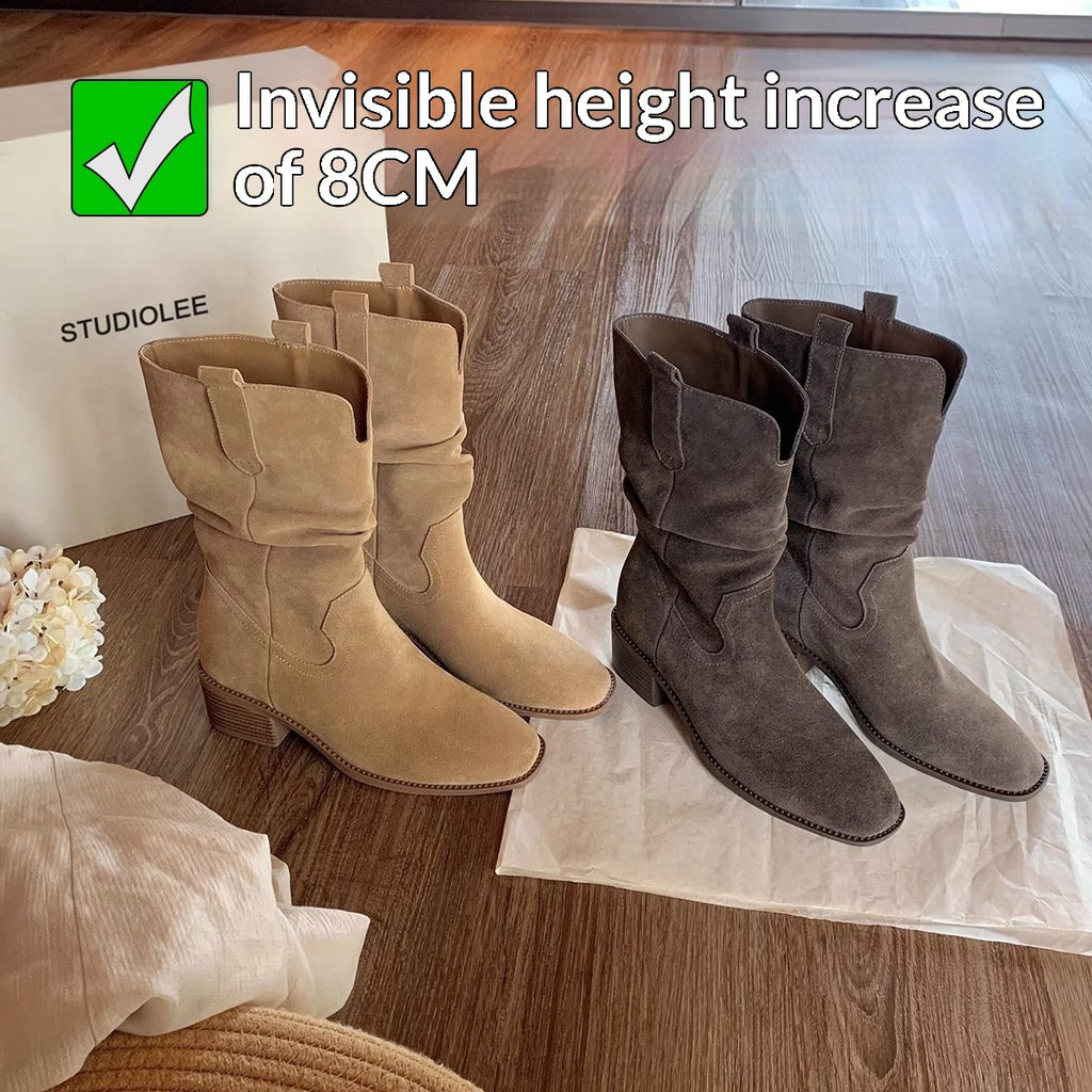 Height-increasing 8cm Round Toe Chunky Heel Slimming High Shaft Ankle Boots
