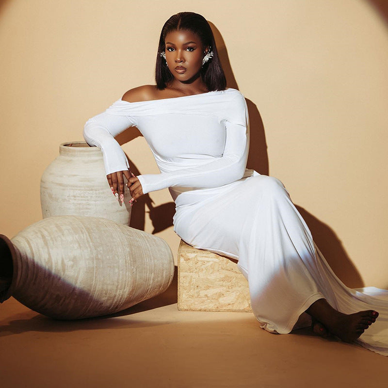 Women's Solid Color Dress With Diagonal Neckline Exposing One Shoulder Long Sleeve