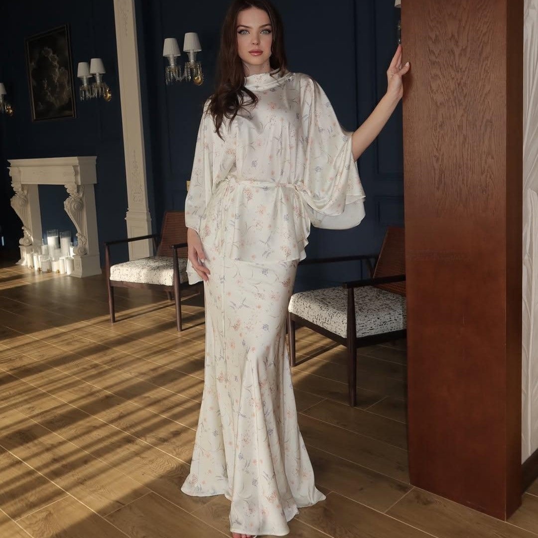 Batwing-sleeve Elegant Belted Top And Floral Skirt Set For Women