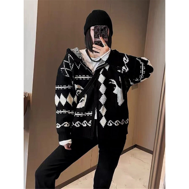 Vintage Jacquard Contrast Color Hooded Sweater