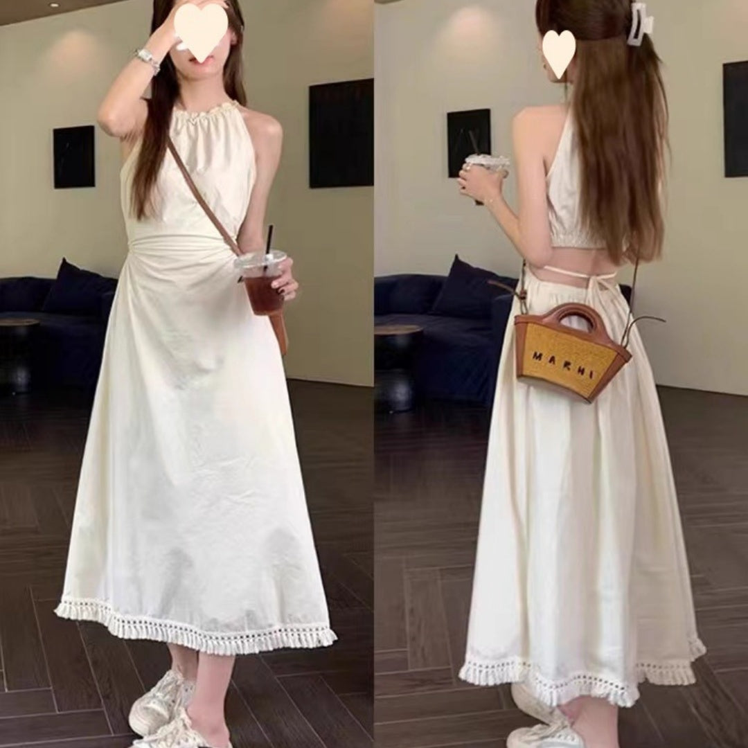 Womens Hollowed-Out Midriff-Baring Halter-Neck Slip Dress