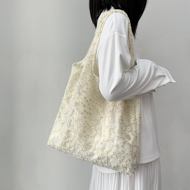 Embroidery Canvas Minimalism Flower Laced One-shoulder Bag