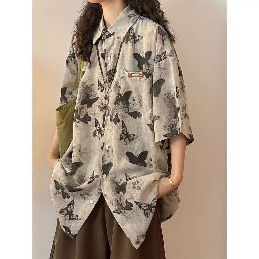 Women's Ink Painting Full Printed Butterfly Short Sleeve Shirt