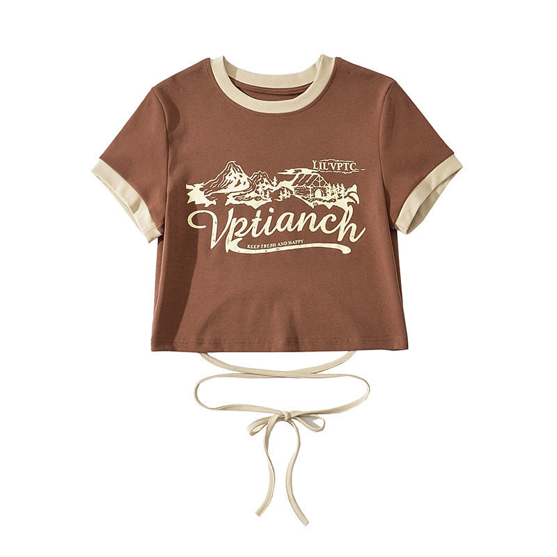 Women Print Front Contrast Trims Crop T-shirt With Lace Up Back Detail