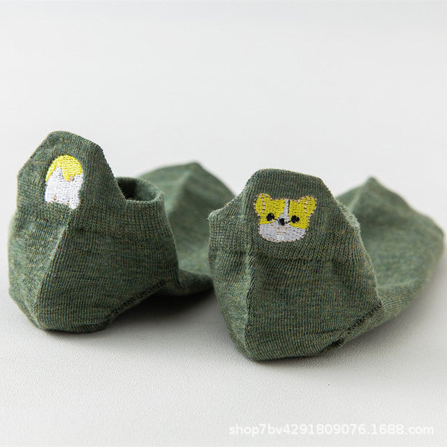 Four Seasons Style Cartoon Embroidered Ear Boat Socks Women