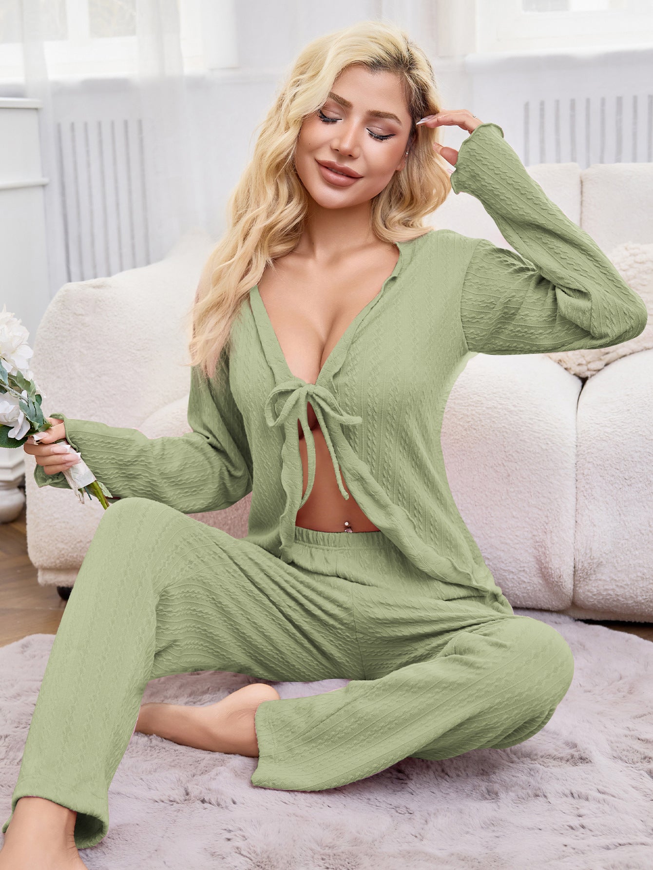 Women's Cardigan Tie-up Top And Pants Pajama Set