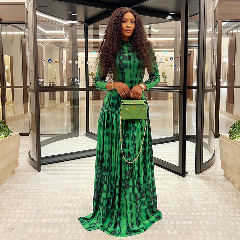 Retro Style Women's Pleated A-line High-neck Long Sleeve Printed Waist-defining Dress