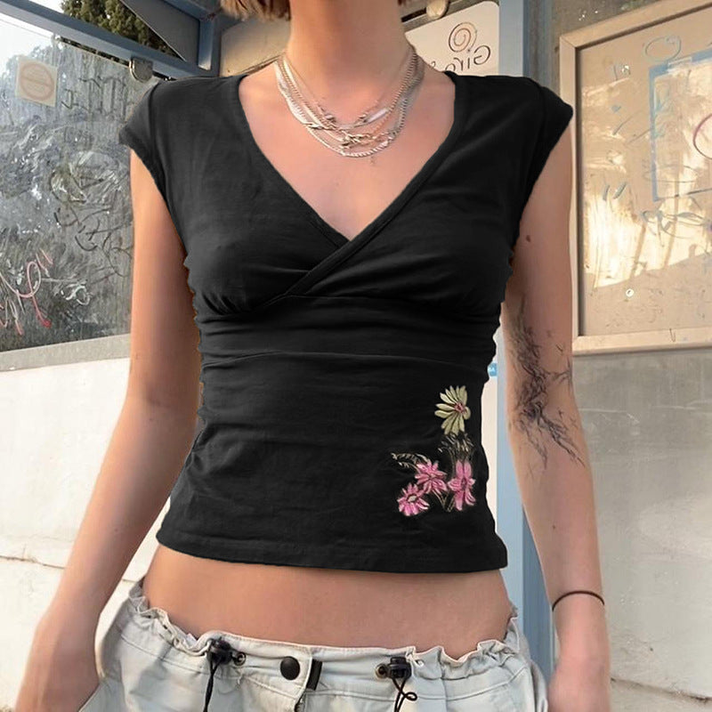 Printed V-neck Slim Fit Slimming Retro Basic Short Sleeve Top