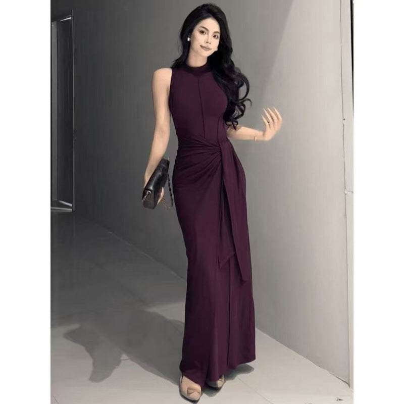 Womens Solid-Color French-Style Resort-Ready Sleeveless Two-Piece Look Dress