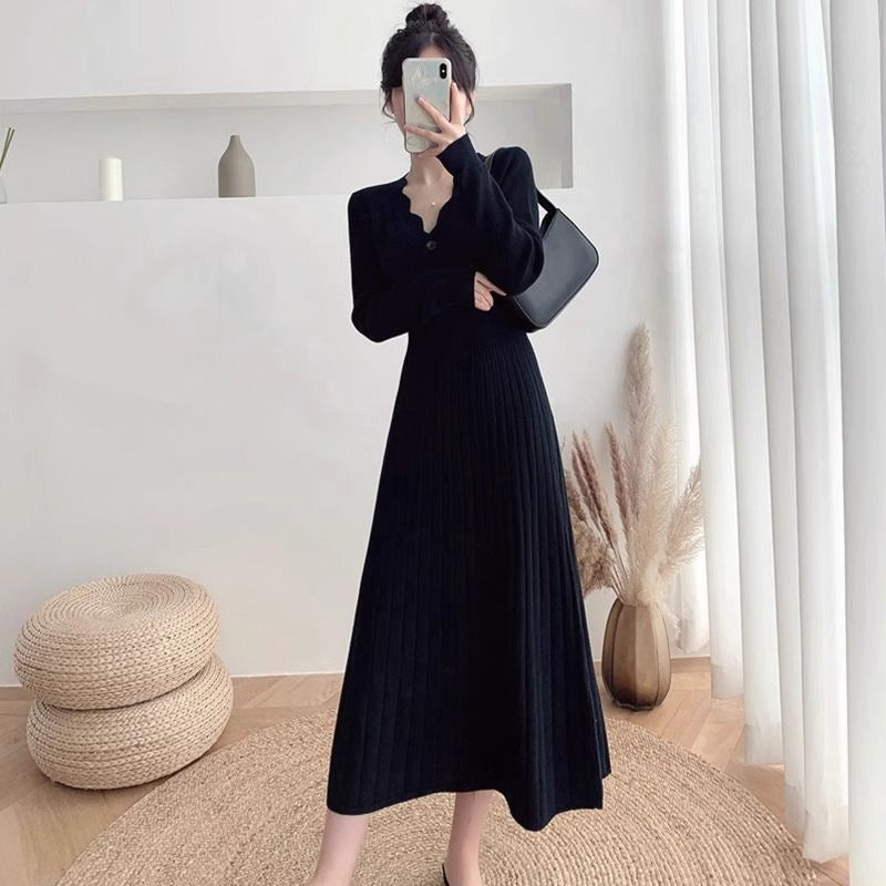 Women's Fashionable Waist-cinching Knitted Long-sleeve Dress