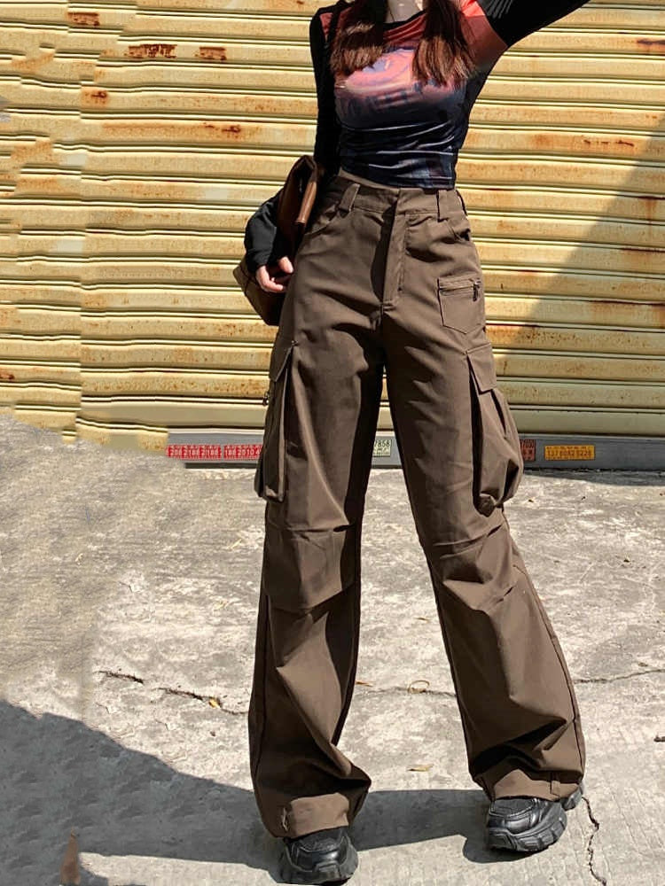 Women's Wide-leg Casual Cargo Pants With Large Pockets And Pleats
