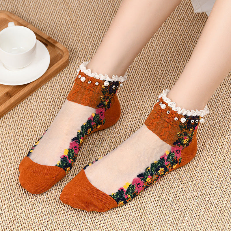 Transparent Nylon Cotton Bottom Floret Boat Silk Women Socks