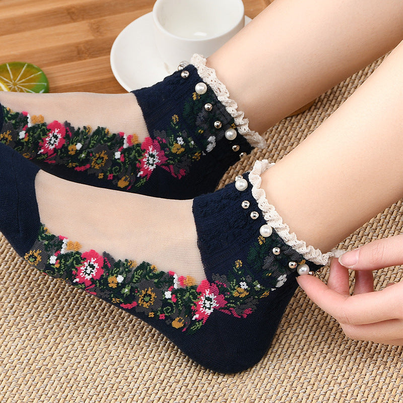 Transparent Nylon Cotton Bottom Floret Boat Silk Women Socks