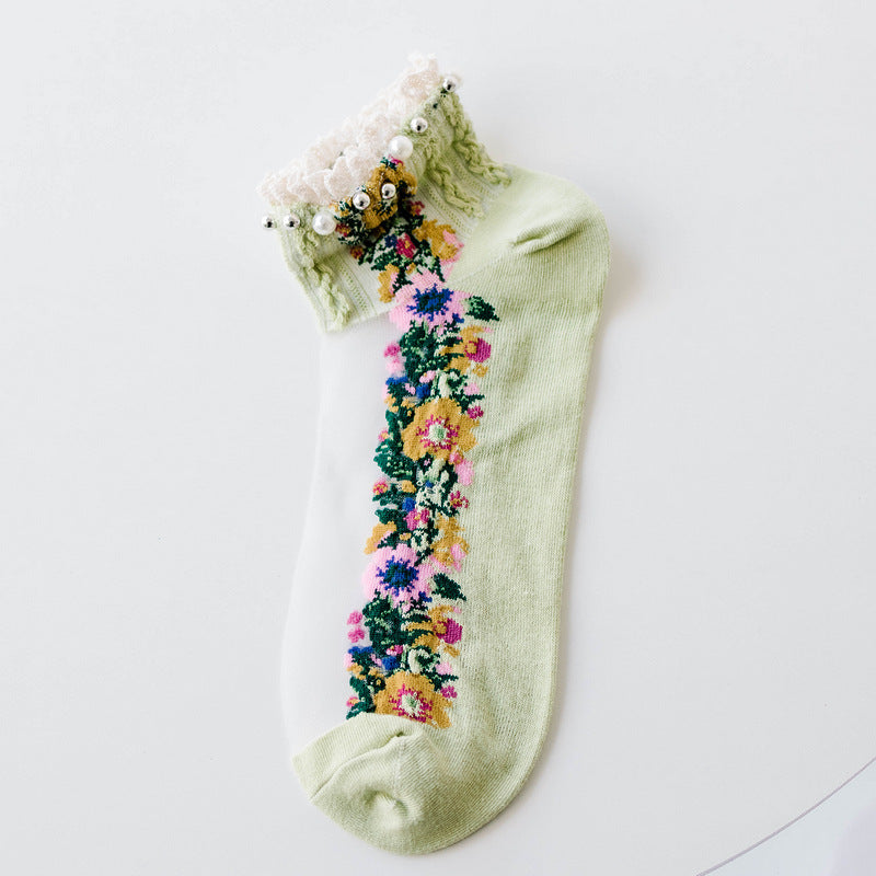 Transparent Nylon Cotton Bottom Floret Boat Silk Women Socks