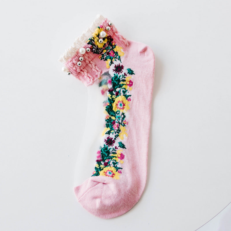 Transparent Nylon Cotton Bottom Floret Boat Silk Women Socks