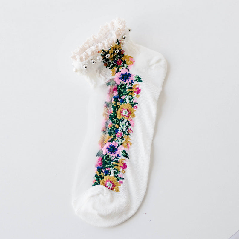Transparent Nylon Cotton Bottom Floret Boat Silk Women Socks