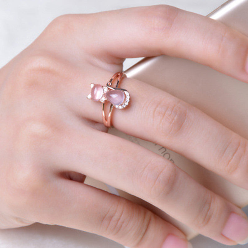 Rose Gold Plated Crystal Cute Animal Cat Ring Hibiscus Stone Crystal Diamond Ring Women Party Jewelry For Pet Lovers