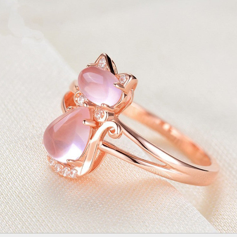 Rose Gold Plated Crystal Cute Animal Cat Ring Hibiscus Stone Crystal Diamond Ring Women Party Jewelry For Pet Lovers