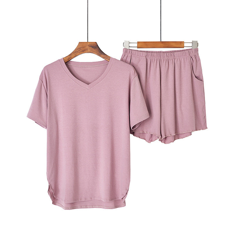 Cotton Knitted Thread V-Neck Short-Sleeved Pajama Set
