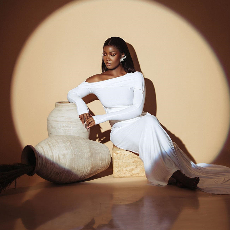 Women's Solid Color Dress With Diagonal Neckline Exposing One Shoulder Long Sleeve